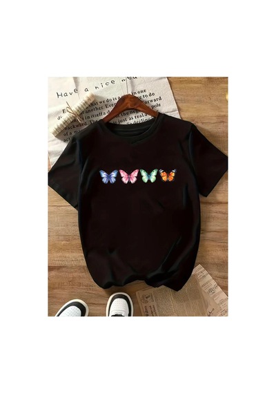 Medinenur Kelebek Baskılı Basic T-shirt Siyah