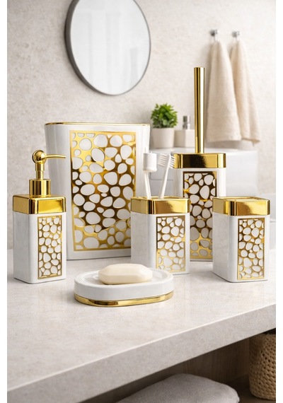 Arvale Pleksi Gold Detaylı 5 Li Banyo Aksesuar Seti Beyaz