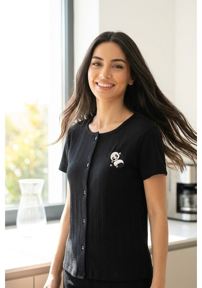 Aura Collections Kadın Ayıcık Desenli Bambu Viskon Kısa Kollu Soft Örme Pijama Takımı Siyah