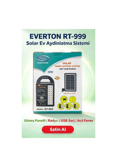 Everton Rt 999 Güneş Enerjili Solar Aydınlatma Seti Radyolu Usb Şarjlı Led Fenerli 3 Ampullü