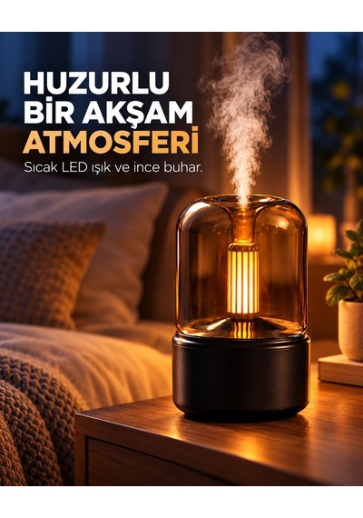Mum Alevi Efektli Aroma Difüzör Dekoratif Hava Nemlendirici Sıcak Işıklı Dokunmatik Tuşlu Masaüstü Buhar Makinesi Siyah
