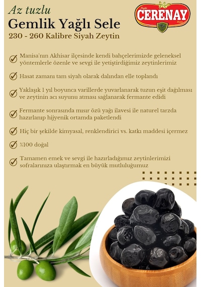 Az Tuzlu Gemlik Yağlı Sele Sofralık Siyah Zeytin 231-260 Kalibre 5 KG