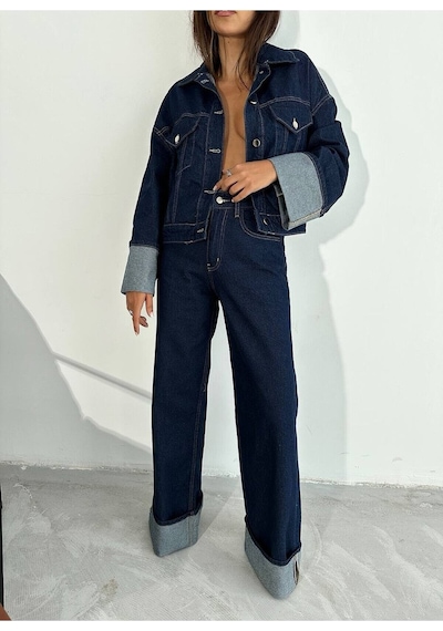 Zdnjeans W1910 Kolu Katlamalı Lacivert Crop Denim Ceket