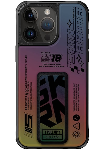 Apple Uyumlu iPhone 15 Pro Kılıf Skinarma Holografik Standlı Deri Görünümlü Kira Kobai Kapak Colorful
