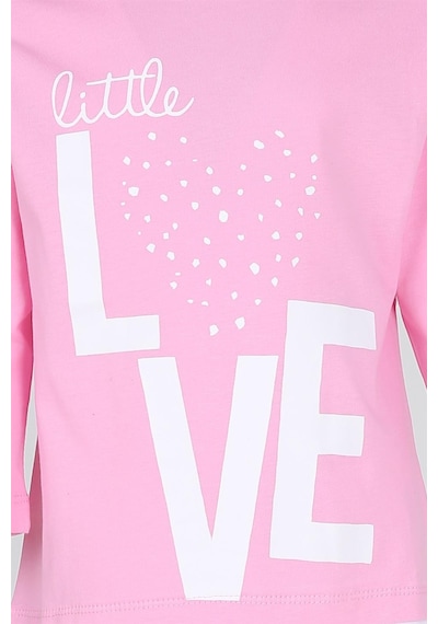 Luess Love Baskılı Garni Detaylı Uzun Kol Kız Çocuk T-shirt Pembe