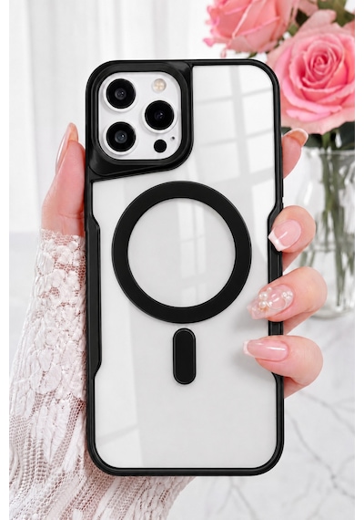 Fibaks iPhone 16 Pro Max Uyumlu Kılıf Prizma Kamera Çıkıntılı Magsafe Şarj Destekli Mat Renkli Şeffaf Kapak Siyah
