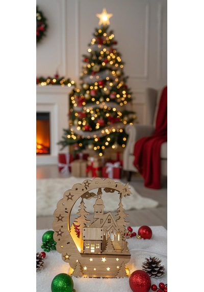 Lazer Kesim Noel Manzaralı Gece Lambası 27cmx22cm