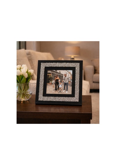 Kişiye Özel Fotoğraflı Kare Çerçeve 20x20 Cm Siyah Kumaş & Taşlı Tasarım