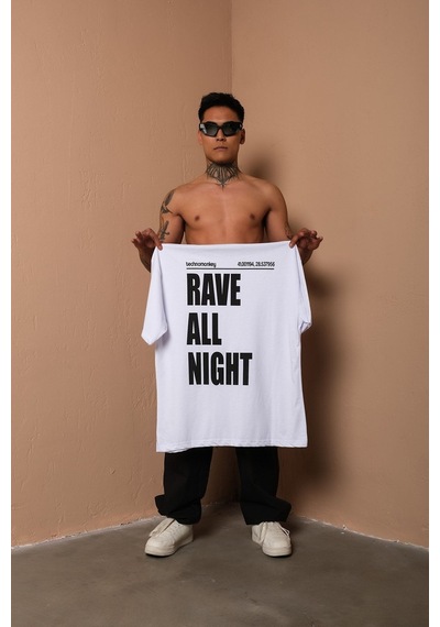 Technomonkey Unisex Beyaz Oversize Rave All Night Baskılı Techno Tişört