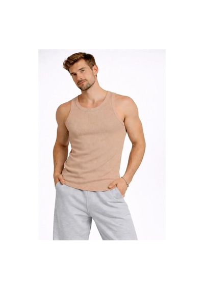 Erkek Fitilli Atlet Sıfır Yaka Slim Fit Arka Baskılı Spor Atlet - Bej Bej