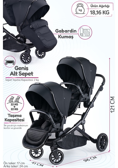 Prego İbiza Pro Çift Yönlü İkiz Bebek Arabası Uv Tenteli -yağmurluk-ayak Örtüsü- 2 Adet Puset Dahil - Tam Set Yeni Seri