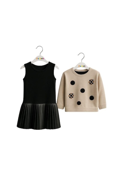Kız Çocuk Sweatshirt Ve Pilise Detaylı İç Elbise 2'li Takım-16221 Bej