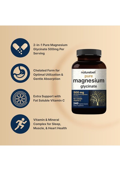 Naturebell Pure Magnesium Glycinate 500mg, 240 Veggie Capsules Orijinal Usa Menşeii Dmmedicineden
