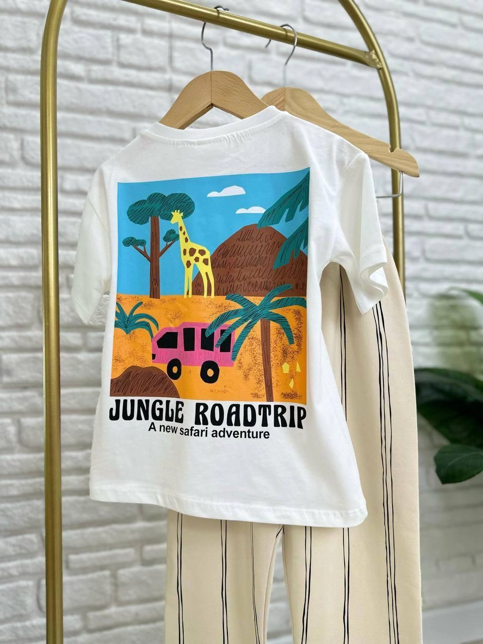 Cg Kids Jungle Çizgili Keten Kombinli Erkek Çocuk Alt Üst Takım Beyaz - Krem