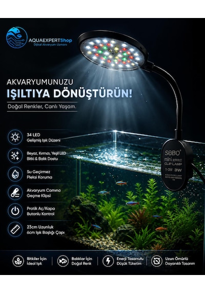 Sobo Usb Akvaryum Işığı - Balık Işığı - Bitki Işığı - 34 Led - Y-3w - Güçlü Aydınlatma - Üstün Performans - 23 Cm - Siyah