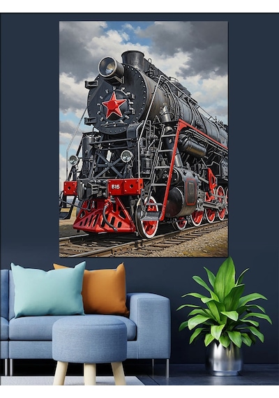 Ahşap Tablo Siyah Buharlı Tren Lokomotifi