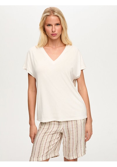 Faik Sönmez Resort Arkası Çizgili Dokuma Garnili V Yaka Tshirt S26tsh115 Us26tsh11573 Ekru