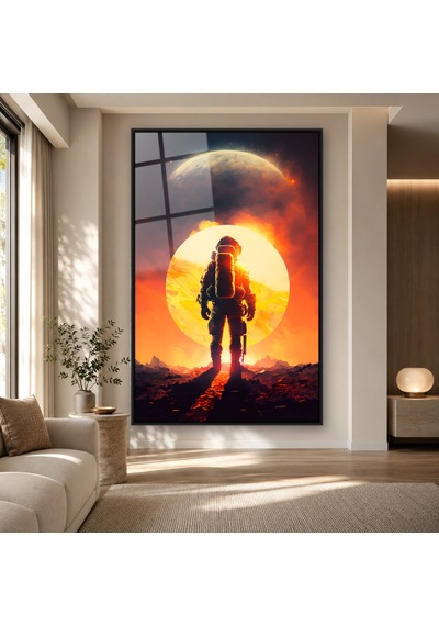 Güneş Önünde Yürüyen Astronot Siyah Çerçeveli Cam Tablo