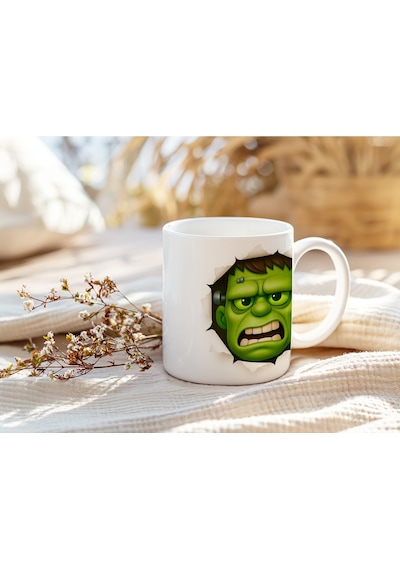 3 Boyutlu Frankenstein Kupa Bardak Yeşil Canavar Yüzü Derinlik Efektli Tasarım - Kabartmasız Beyaz