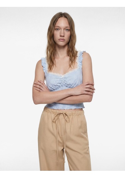 Koton Geniş Yaka Kolsuz Fırfırlı Gipeli Crop Bluz Mavi Ekose 6sal60016ıw