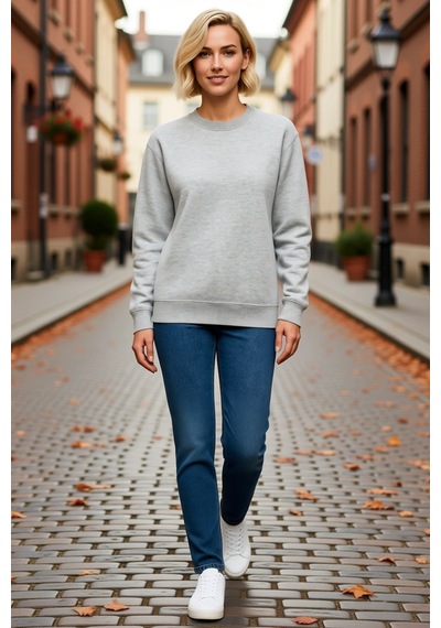 Ersefa Kadın Üç İplik Düz Bisiklet Yaka Sweatshirt Uzun Kollu Ribana Det Gri