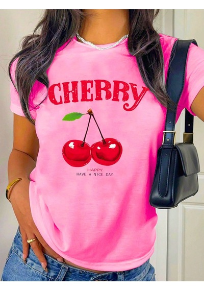 Cherry Happy Baskılı Pembe Tshirt Anne Kız Kombin - Oversize Bisiklet Yaka Tişört Lacivert-beyaz-278980