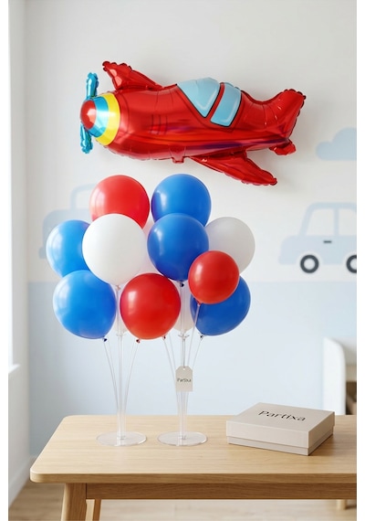 Kırmızı Uçak Balon Stand Seti Şeffaf 7 Li Stand + Kırmızı Uçak Folyo Balon 94 50 Cm + 7 Lateks Balon