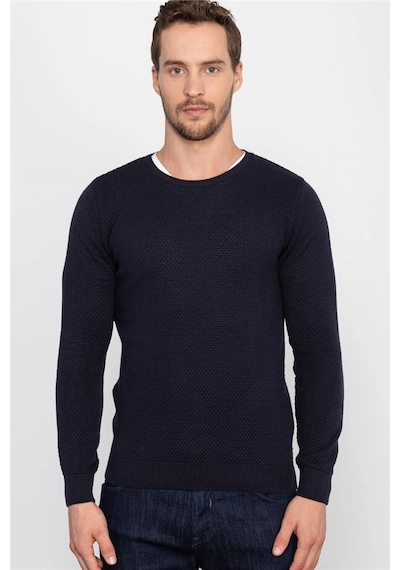 Tudors Slim Fit Dar Kesim Bisiklet Yaka Petek Desenli Erkek Kazak-1964 Lacivert