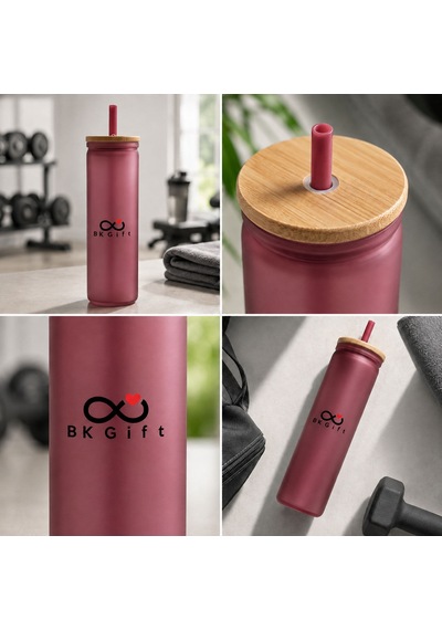 Logonuza Özel 10 Adet Plastik Pipetli Bambu Kapaklı 500 Ml Cam Suluk - Pembe