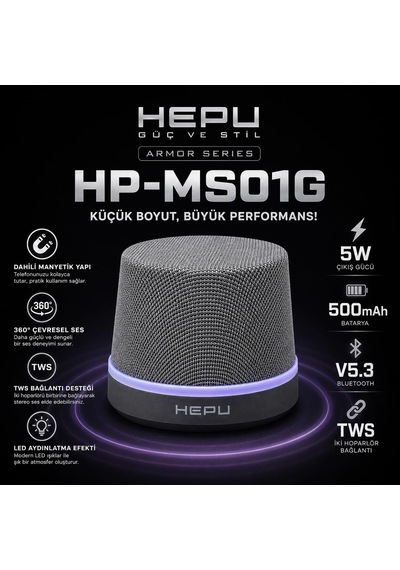 Hp-ms01g Manyetik Bluetooth Hoparlör Telefon Standlı Kablosuz Hoparlör, Bluetooth 5.3 Tws Stereo, 360 Ses Efekti Rgb Led Işıklı, Type-c Şarjlı Taşınabilir Hoparlör Gri
