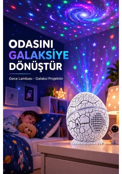 Astraltech Dinozor Yumurtası Galaksi Projektör Gece Lambası 4'ü 1 Arada Bluetooth Hoparlörlü Çok Renkli