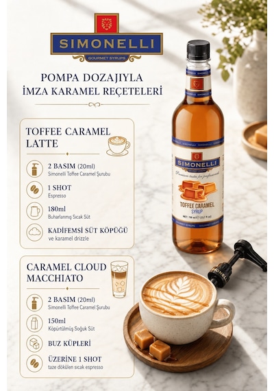 Simonelli Toffee Karamel Kahve Şurubu 700 ML İçecek ve Kokteyl Şurubu + Pompa