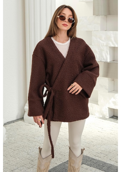 Olcay Önü Bağlamalı Buklet Kimono Ceket Kahve 8265