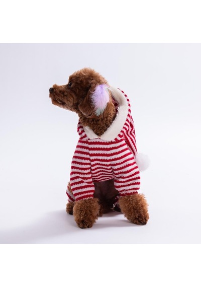 Elfstripe Hood Kırmızı Çizgili Şapkalı Triko Tulum Yılbaşı Noel Köpek Kıyafeti Kedi Kıyafeti Köpek Tulumu