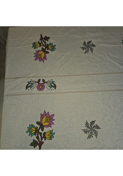Çiçek Desenli El Baskısı El Boyaması Masa Örtüsü 150x210 Beyaz