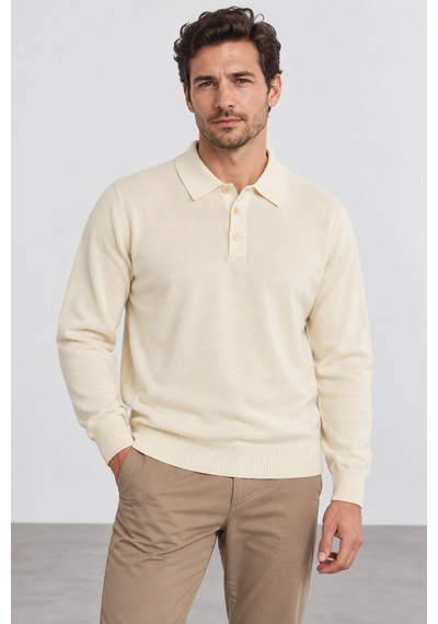 Bihan Store Erkek Polo Yaka Düğmeli Uzun Kollu Triko Kazak 7801-kemik