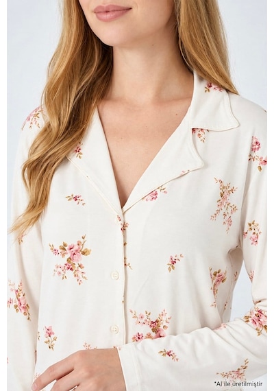 Cottonill Krem Çiçek Desenli Yumuşak Dokulu Gömlek Yaka Düğmeli Uzun Kollu Kadın Pijama Takımı