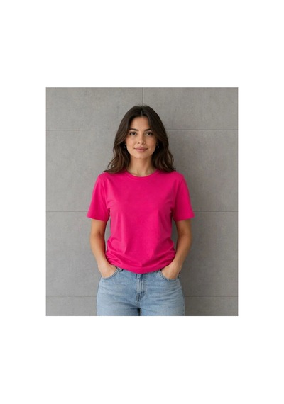 Butik İstanbul Basic Pamuklu Tişört Bisiklet Yaka Düz Renk Relaxed Fit T-shirt - Fuşya