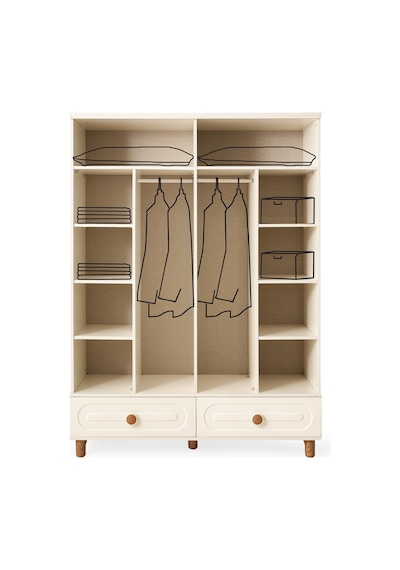 Perla 4 Kapaklı %100 Mdf Elbise Dolabı Gardrop 154x54x212 Ekru