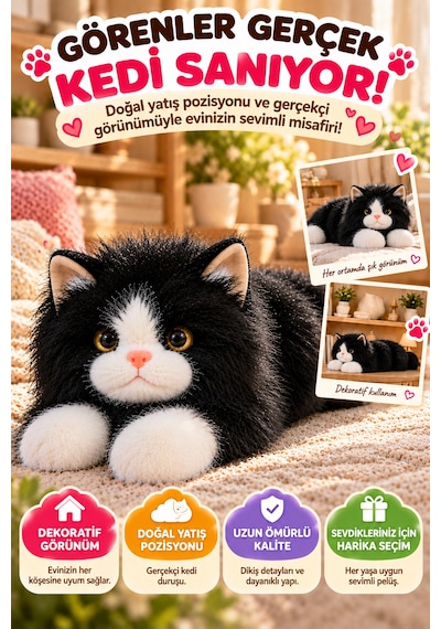 Siyah Gerçek Kedi Görünümlü Pelüş Kedi 50 Cm Uzun Tüylü Yumuşacık Sarılmalık Dekoratif Oyuncak Kedi