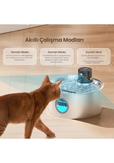 Haustier W2 Otomatik Kablosuz Kedi Su Pınarı, Sensörlü , Bataryalı , Ultra Sessiz, Çelik , 3.2lt Hazne