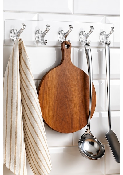 5 Kancalı Şeffaf Yapışkanlı Organizer Askı Mutfak Banyo Duvar Düzenleyici 35 cm