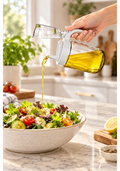 Cam Yağdanlık Ve Zeytinyağlık 660 Ml & Yaylı Otomatik Kapaklı, Sızdırmaz Yağ Şişesi Beyaz - 927543623 Beyaz