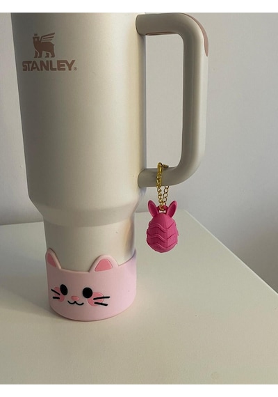 Sevimli Tavşan Quencher Termos Bardak Aksesuarı Zincirli Dekoratif Süs Pembe
