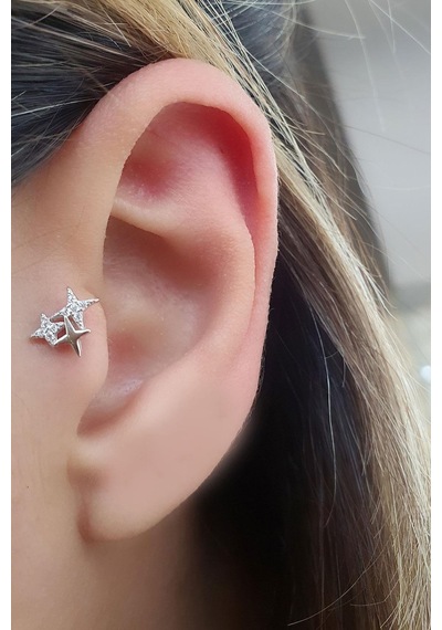 Pırlanta Parlaklığında Zirkon Taşlı Kutup Yıldızı Figürlü 925ayar Gümüş Tragus Kıkırdak Helix Piercing Gümüş