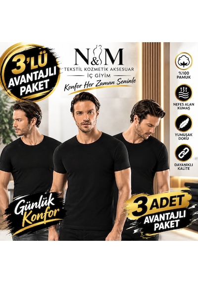 Erdem Erkek Siyah Likralı Kısa Kollu Atlet-3'lü Paket- 1122s