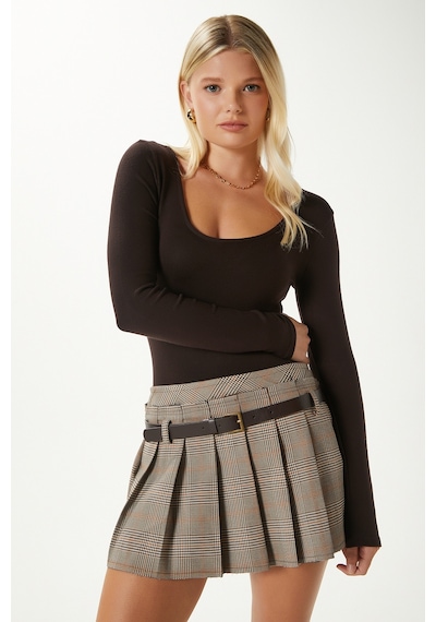 Ritnice Kadın Heat Lux Touch U Yaka Kahverengi Uzun Kol Soft Bluz Acı Kahverengi