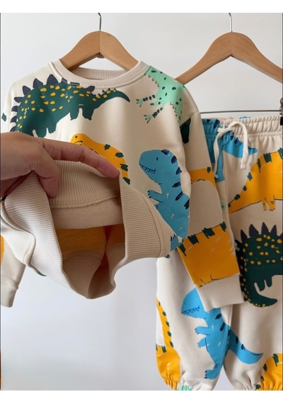 Mila Mood Erkek Çocuk Dinozor Desenli Sweatshirt Jogger Pantolon 2 Li Takım Krem