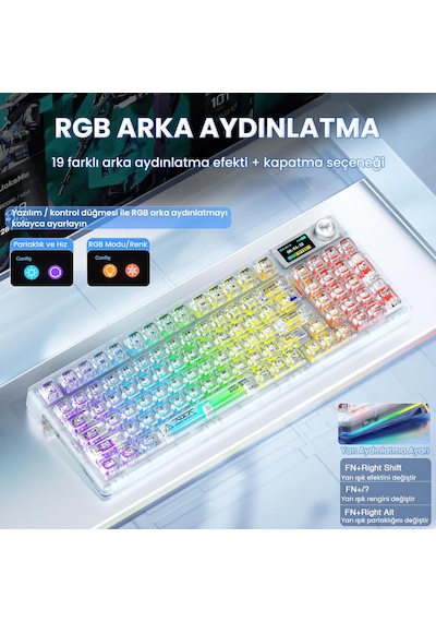 Aula F98 Pro V3 Oled Ekranlı Crystal Switch Makrolu Kablosuz Rgb Hot-swap Gasket Pre-lubed Switch Mekanik Klavye Şeffaf