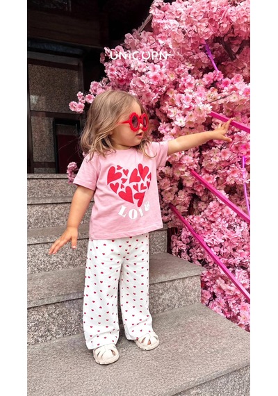 Baby Lory Kids Store Kız Çocuk Kalp Detaylı Pembe Takım Pembe - Beyaz